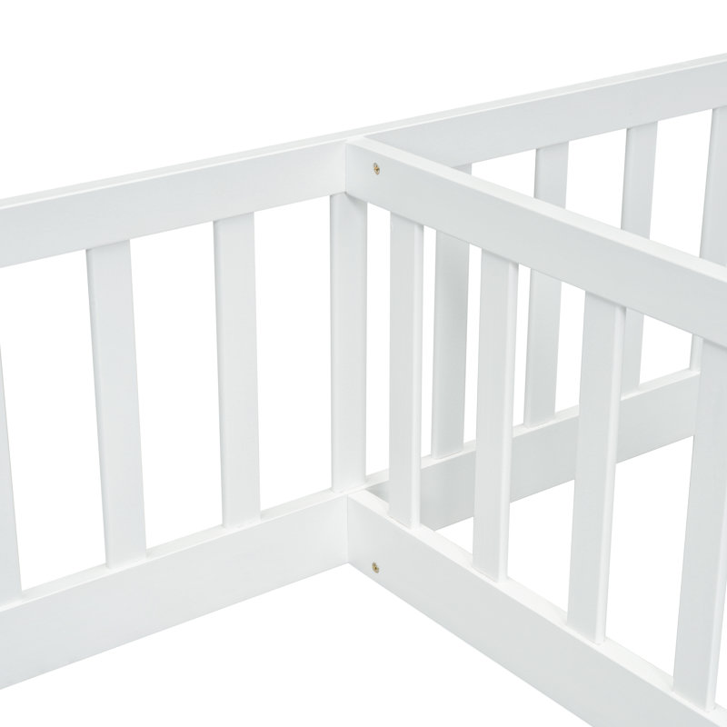 White Twin Twin Floor Bed With Guardrails Low Profile Kids, White