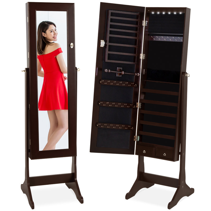 Naiyana Winston Porter Jewelry Armoire Cabinet, Full Length Mirror w/ Velvet Storage Interior, Lock, Espresso