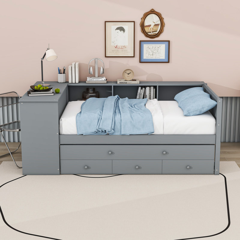 Lit de jour en bois avec tablettes et bureau et 2 tiroirs, Gris, Lit simple