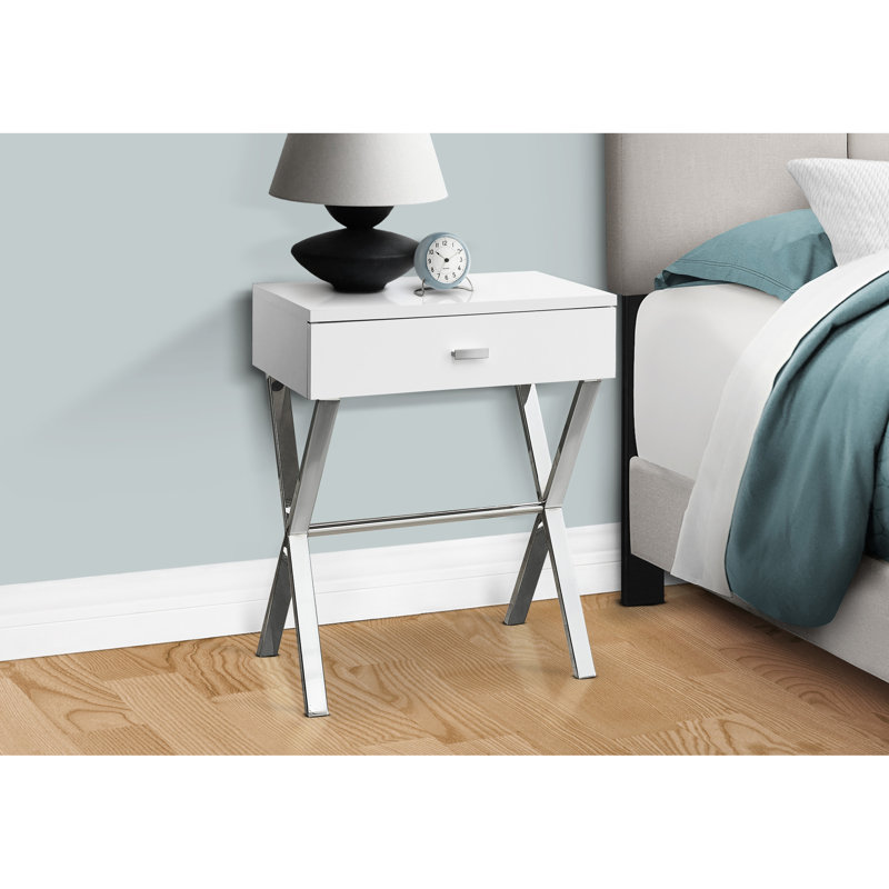 Élégante table en stratifié blanc brillant avec détails en métal et tiroir de rangement pour les espaces de vie
