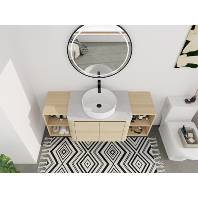 Meuble-lavabo double 54 po (pleine longueur) 54 po - 5 options de couleur de lavabo (motifs blanc / noir / marbre) + armoire en bois clair