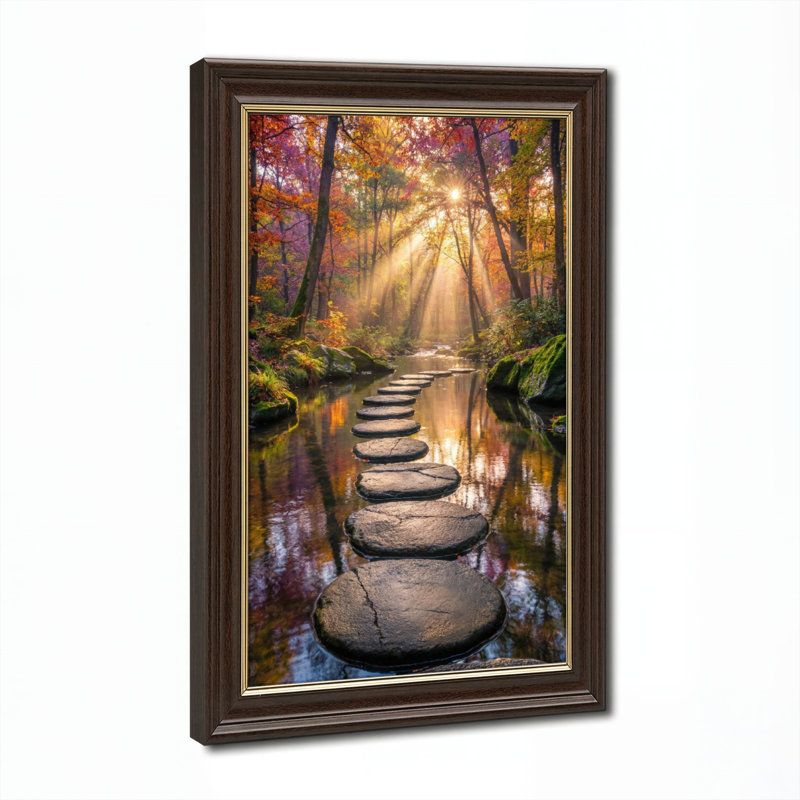 Art mural antique sur toile encadré doré pour le salon, la chambre à coucher, le bureau ou le vestibule - décoration murale décorative avec sentier forestier