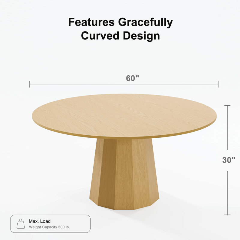 Solid Wood Dining Table Round Pedestal Kitchen Table, Oak, 30”H x 60”L x 60”W