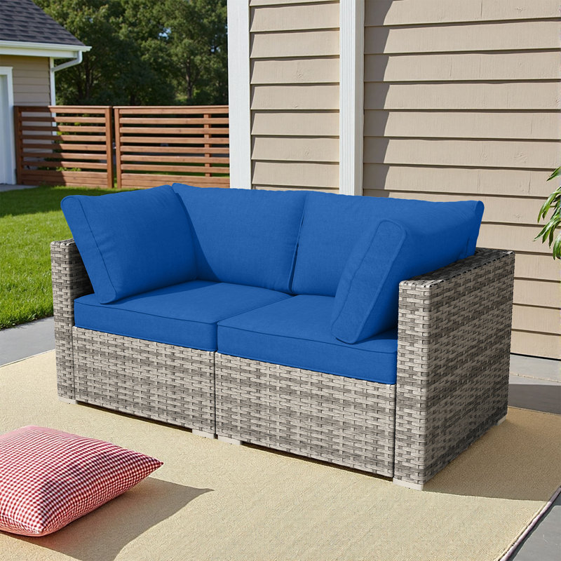 2-Person Outdoor Sectional With Cushions,All-Weather Wicker Patio Loveseat, Navy