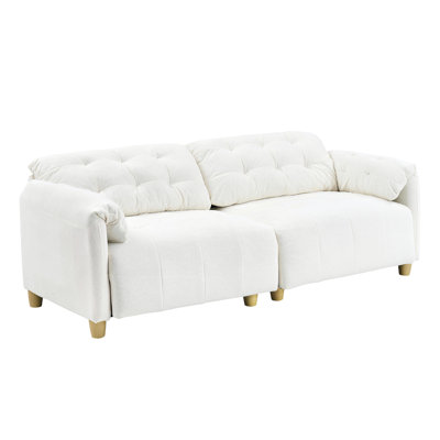 Canapé droit français en tissu à double motif crème de style rétro, idéal pour le salon.