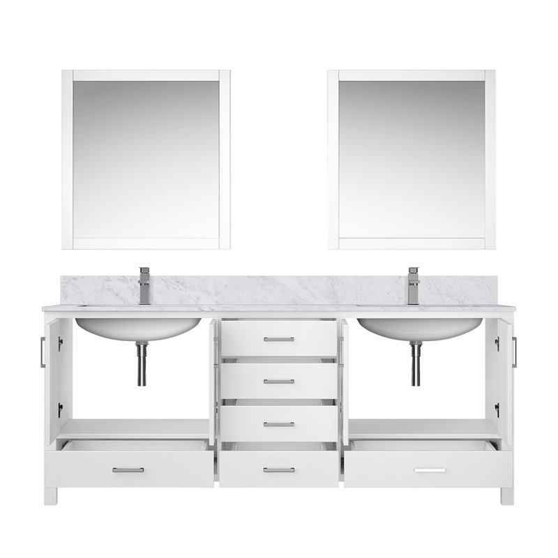 Meuble-lavabo double l 80 po x P 22 po, comptoir en marbre de Carrare, ensemble de robinet et miroirs de 30 po, Blanc