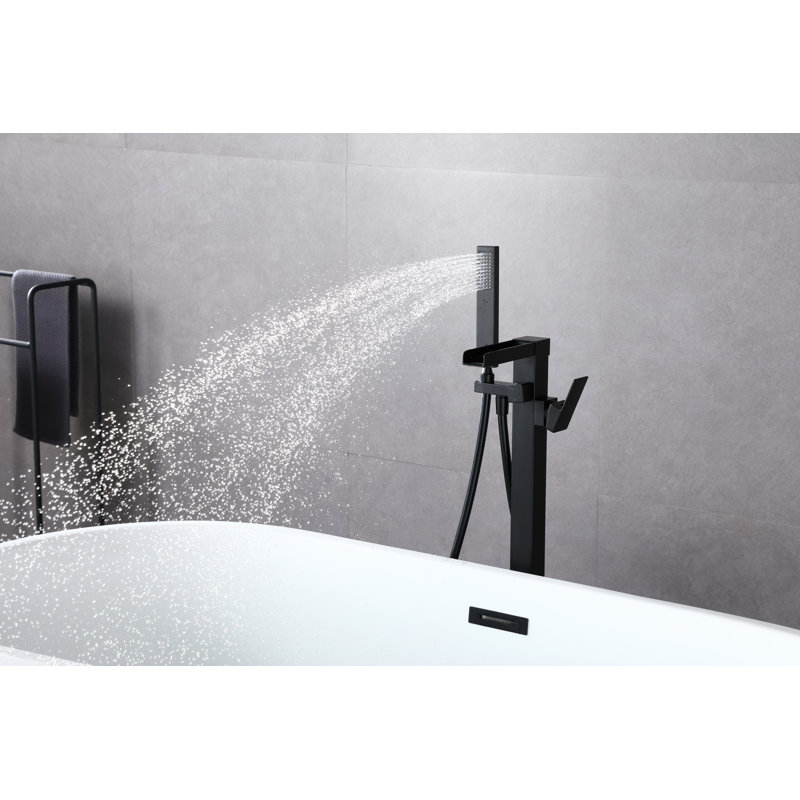 Robinet de robinet de baignoire à fixation au sol à poignée simple avec douche à main en noir mat, Noir mat