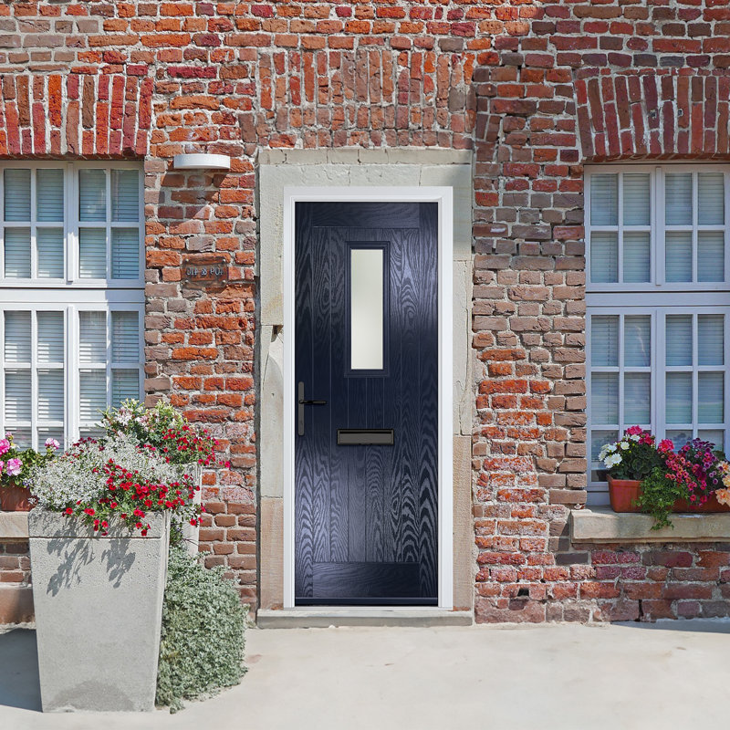 Crystal GRP Front door Sunningdale Slate Grey 920mm x 2090mm Open in Left hand Stipolytte Glass, Right, 89mm x 209mm, Blue