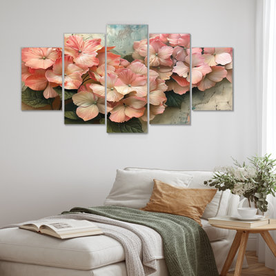 Rose et gris, hortensia, charme champêtre I - ensemble d'art mural hortensia