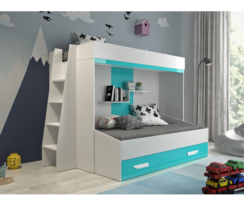 Bunk Bed with Storage Included, White/Turquoise, 95 x 200 cm