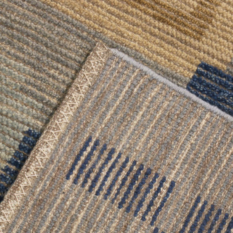 Rug & Kilim’S Scandinavian-Inspired Geometric Gold Beige And Blue Wool Pile Rug, Rectangle 12' x 15'
