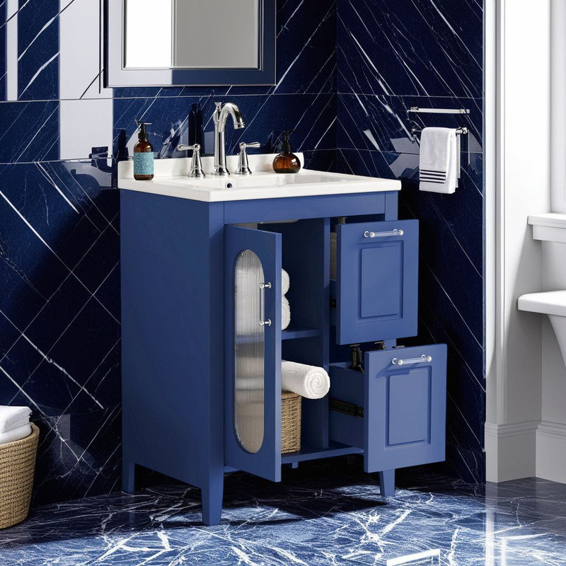 Meuble-lavabo 24 po avec lavabo en céramique, structure en bois massif, tablette réglable et 2 tiroirs, Bleu