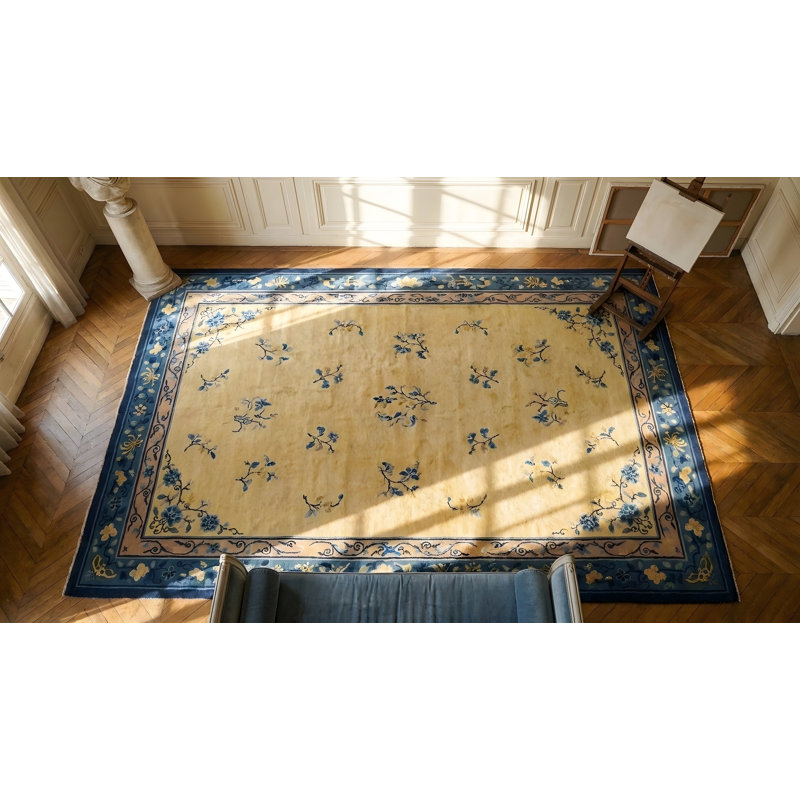 Antique Wool Blue Ivory Beige Cream White Hand Knotted Pile Rug