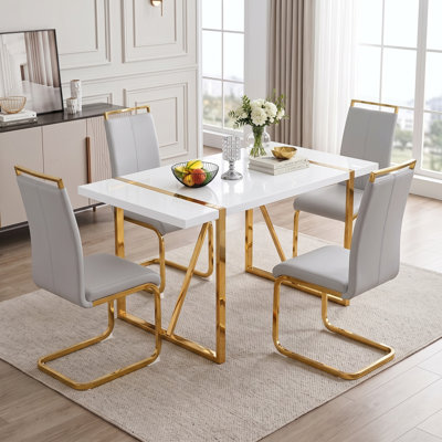 5-Piece Modern Rectangular High-Gloss Dining Set with Faux Leather Cantilever Chairs