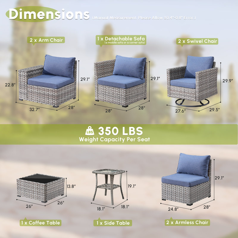 7 - Person Patio Furniture Set with Swivel Rocker, Outdoor Wicker Rattan Sectional Seating Group with Cushions, All Weather Sofa Conversation Set with Table for Garden Backyard