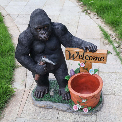 Charmante sculpture de jardin de chimpanzé avec jardinière intégrée, décoration extérieure unique et fantaisiste pour les pelouses et les cours