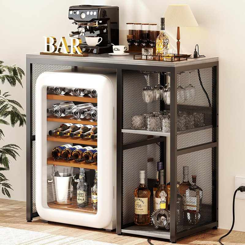 "Armoire de bar avec espace pour mini réfrigérateur - Support de bar avec tablette à micro-ondes et support à vin pour cuisine ou dortoir, finition chêne clair"