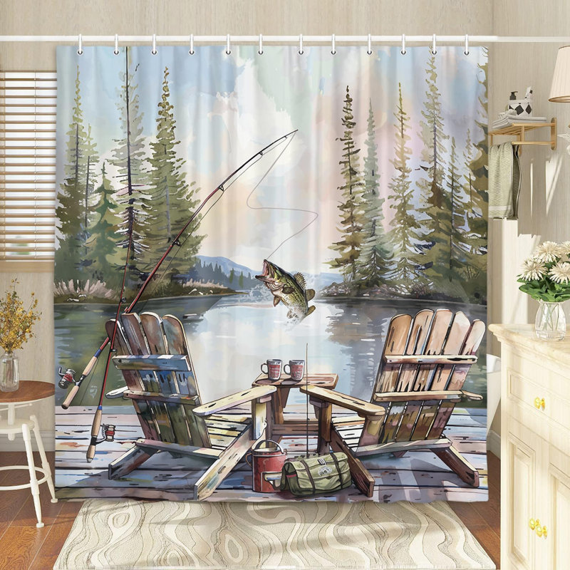 Rideau de douche de pêche rustique avec crochets - Décoration de salle de bain en polyester imperméable avec motif de cabane de basse-cour Lodge - Facile à nettoyer et à installer