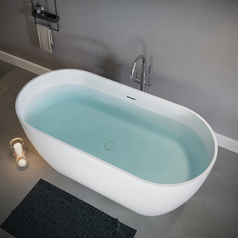 Baignoire de trempage autoportante en résine de 59 po x 29,5 po à surface solide en pierre avec trop-plein et bonde escamotable, blanc mat