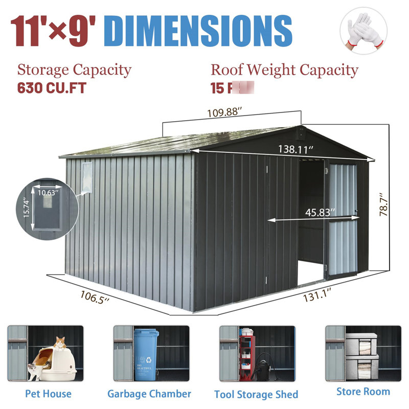 Outdoor Garden Shed 11'X 9', Dark Gray, Galvanized Steel Build, Lockable Door, Copious Storage For Tools & Equipment, Rust Metal 9' Shed, Sufficient Furniture,