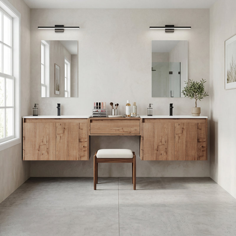 Meuble-lavabo double 84 po avec lavabo à maquillage, lavabo en céramique et conception sans poignée, Bois naturel, 84"