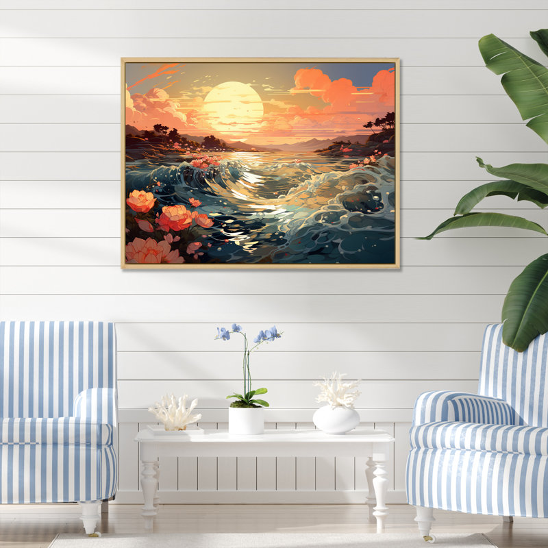 Glorious Pink Blossoming Sunrise Over Ocean sur toile, H 30 po x l 40 po, Cadre flottant brun