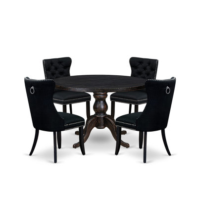 5-pc Kitchen Table Set contains a parson table and 4 Black Polyester Fabric kitchen chairs with Button Tufted Back - Sand Blasted Black