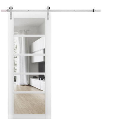 Porte de grange robuste Quadro 4522 Blanc Soie avec vitrage clair, rail de 2 m, quincaillerie renforcée, panneaux intérieurs pleins, 76 x 203 cm, vitrage transparent, rail argenté
