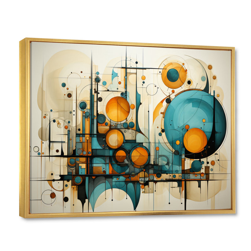 «Garick Teal Yellow Abstract Fractal Collage Melody I», reproduction sur toile, Cadre flottant doré