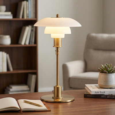 Lampe de table Mid-Century moderne en verre opalin - Lampe de bureau d'inspiration années 3 avec finition laiton pour chambre à coucher, salon ou bureau
