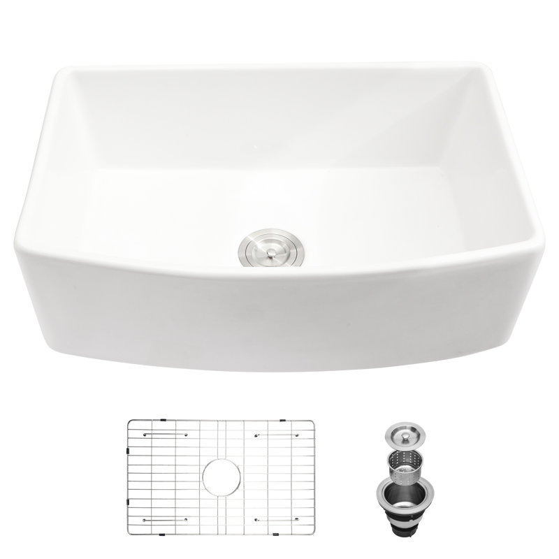 Lavabo en céramique 30 po blanc - Tablier à bord arqué, élégante cuve simple gracieuse