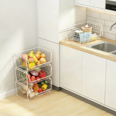Chariots de rangement empilables en métal, tablette à double usage pour paniers de fruits et légumes avec roues, support de rangement, blanc, 6 niveaux