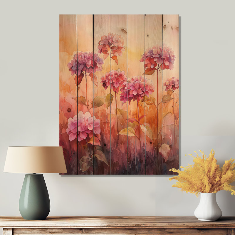 Hortensia champ au coucher du soleil I - Art mural bois d'hortensia - sur bois de pin naturel, H 20 po x l 10 po x P 0,78 po