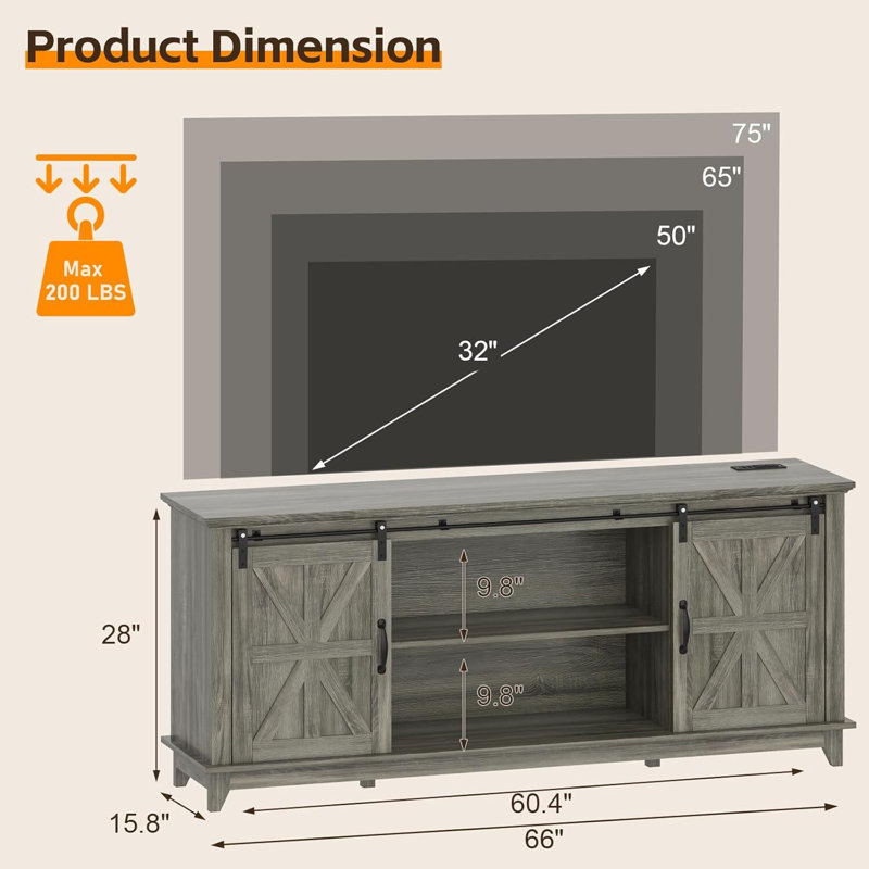 TV Stand With Two Barn Doors And Storage Cabinets, Light Gray