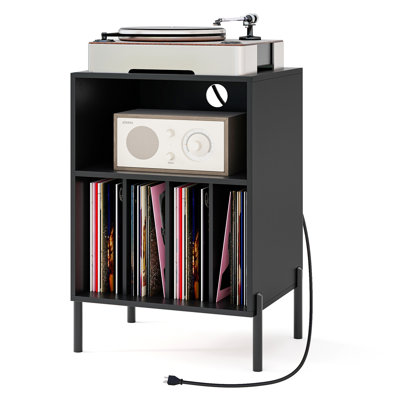 Meuble de rangement pour platine vinyle, table de chevet avec station de charge et disque vinyle