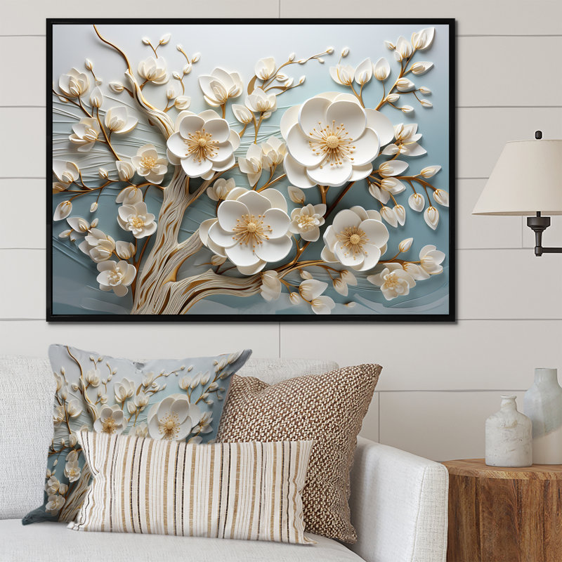 Orchidée blanche jardin de branches 9 - Art mural floral abstrait, Cadre flottant noir, H 34 po x l 44 po x P 1,5 po