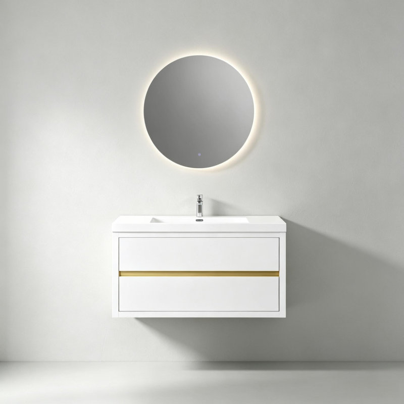 Meuble-lavabo mural de 42 po avec comptoir et lavabo en pierre reconstituée, armoire blanche lustrée, 2 tiroirs, Blanc lustré
