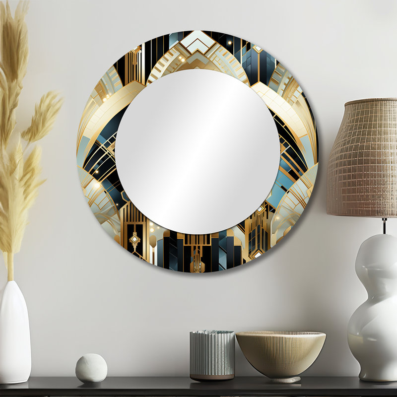 Ruenell années 1970 bleu et or damassé art déco - miroir en marbre, 23 po x 23 po