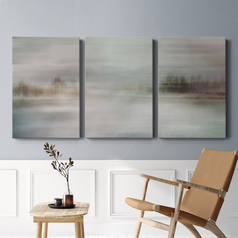Misty Lake - Toile tendue avec châssis de qualité supérieure - prête à être accrochée, H 48 po x l 96 po x P 1 po