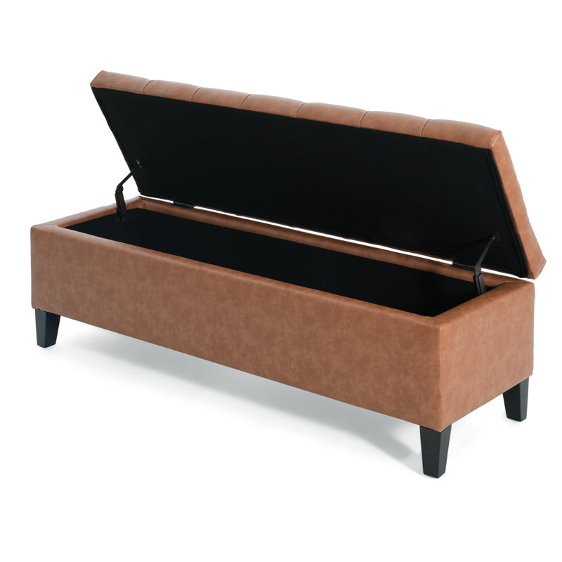 Drayton 51'' Contemporary Faux Leather Storage Ottoman with Button Tufting and Soft-Close Hinges, Cognac Brown