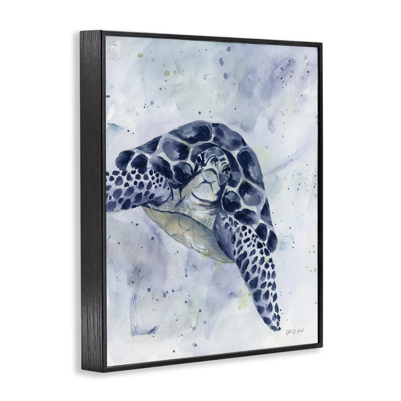 Natation, tortue bleue, estampe numérique par Yvette St. Amant, Giclée encadrée noir minuit, H 14 po x l 11 po