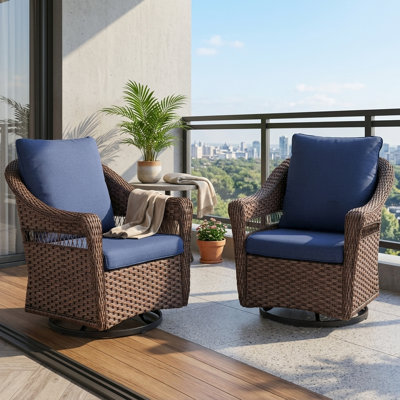 Outdoor Furniture Set of 2, Outdoor Brown Wicker Swivel Rocking Chairs, All-Weather PE Rattan Patio Glider Chairs with Blue Cushions for Porch, Deck, Balcony