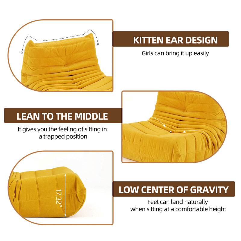Bean bag Chair with button tufted back, Yellow Polyester Blend