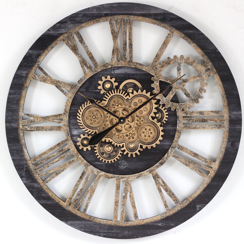 Wall Clock 36" Round Oversized for Living Room decor with Real Moving Gears America Collection, Vintage Black