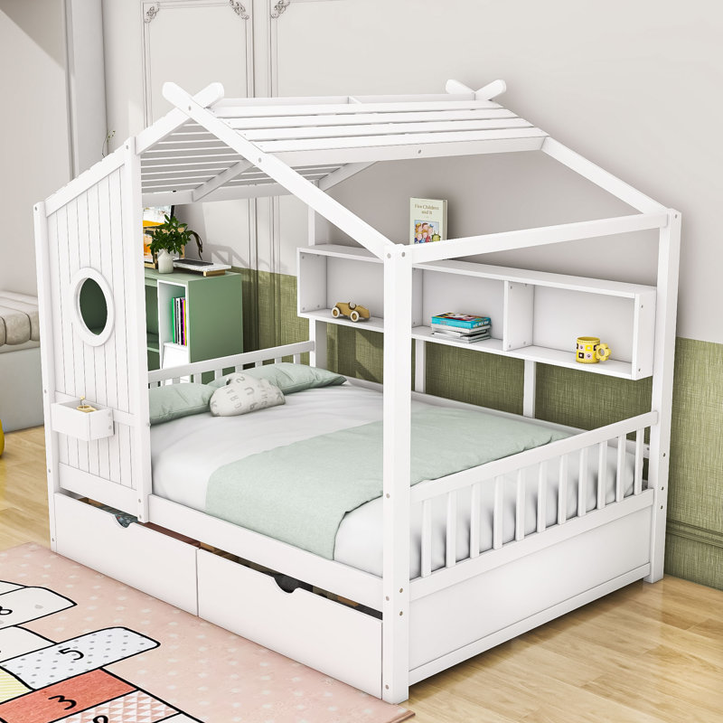 Lit en bois avec tiroirs et tablettes, Double