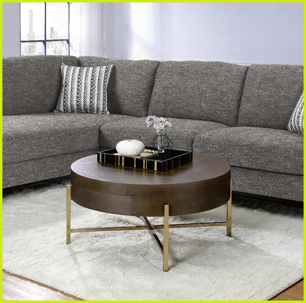17 Stories Drum-Shaped Light Brown Coffee Table with Champagne Metal ...