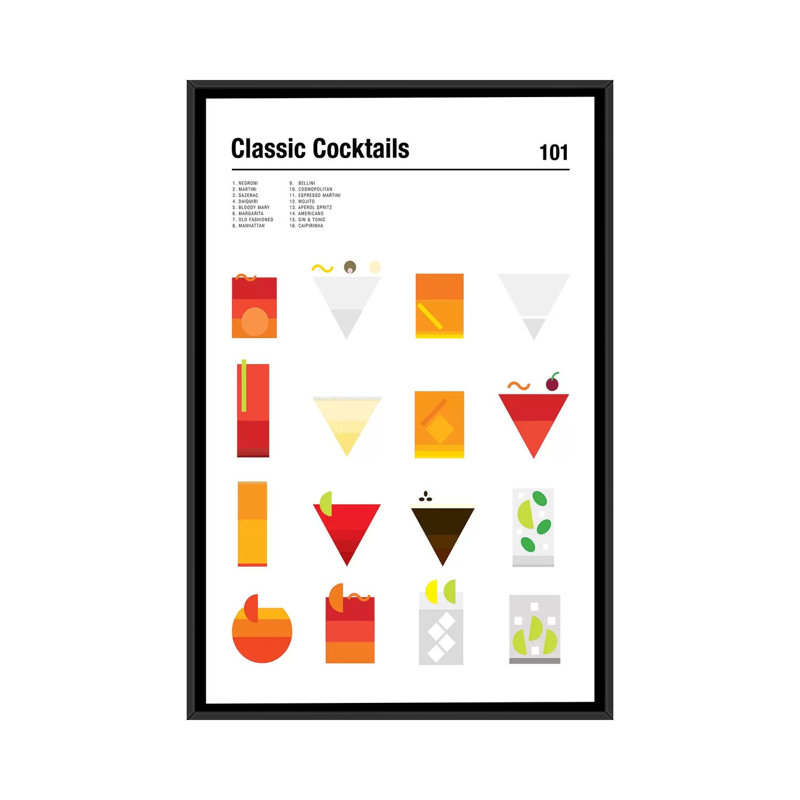 « classic cocktails 101 », reproduction d’impression sur toile, H 26 po x l 18 po x P 1,5 po, Toile avec cadre noir