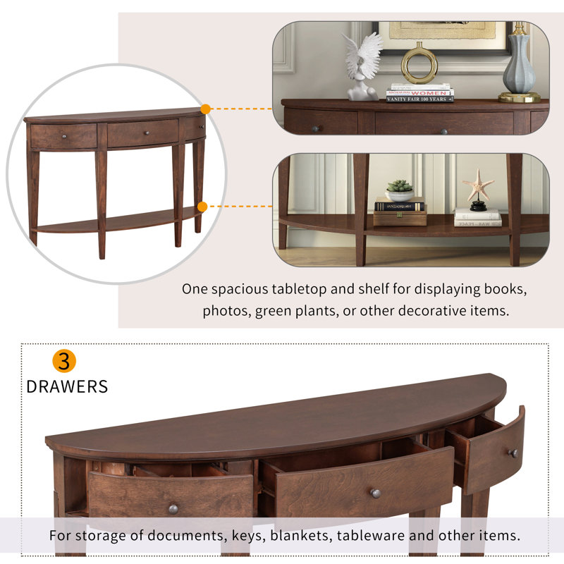 Modern Curved Console Table Sofa Table With 3 Drawers And 1 Shelf For Hallway, Entryway, Living Room, Espresso