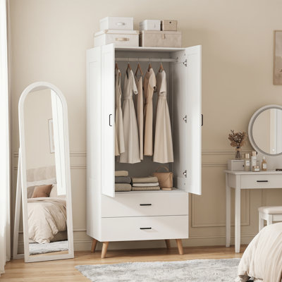 HOMCOM Wardrobe with 2 Drawers Hanging Rail, 180 cm Storage Closet, White