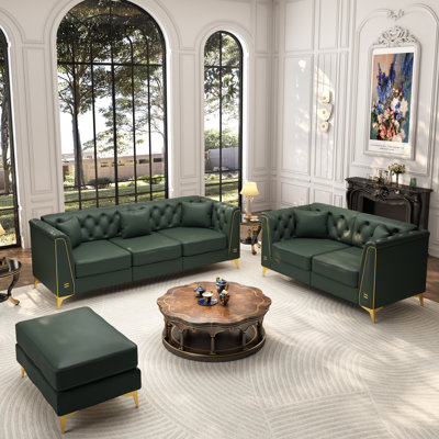3 - Piece Modern Chesterfield Living Room Set, 5-Seater Luxury Faux Leather Sofa Set, Green